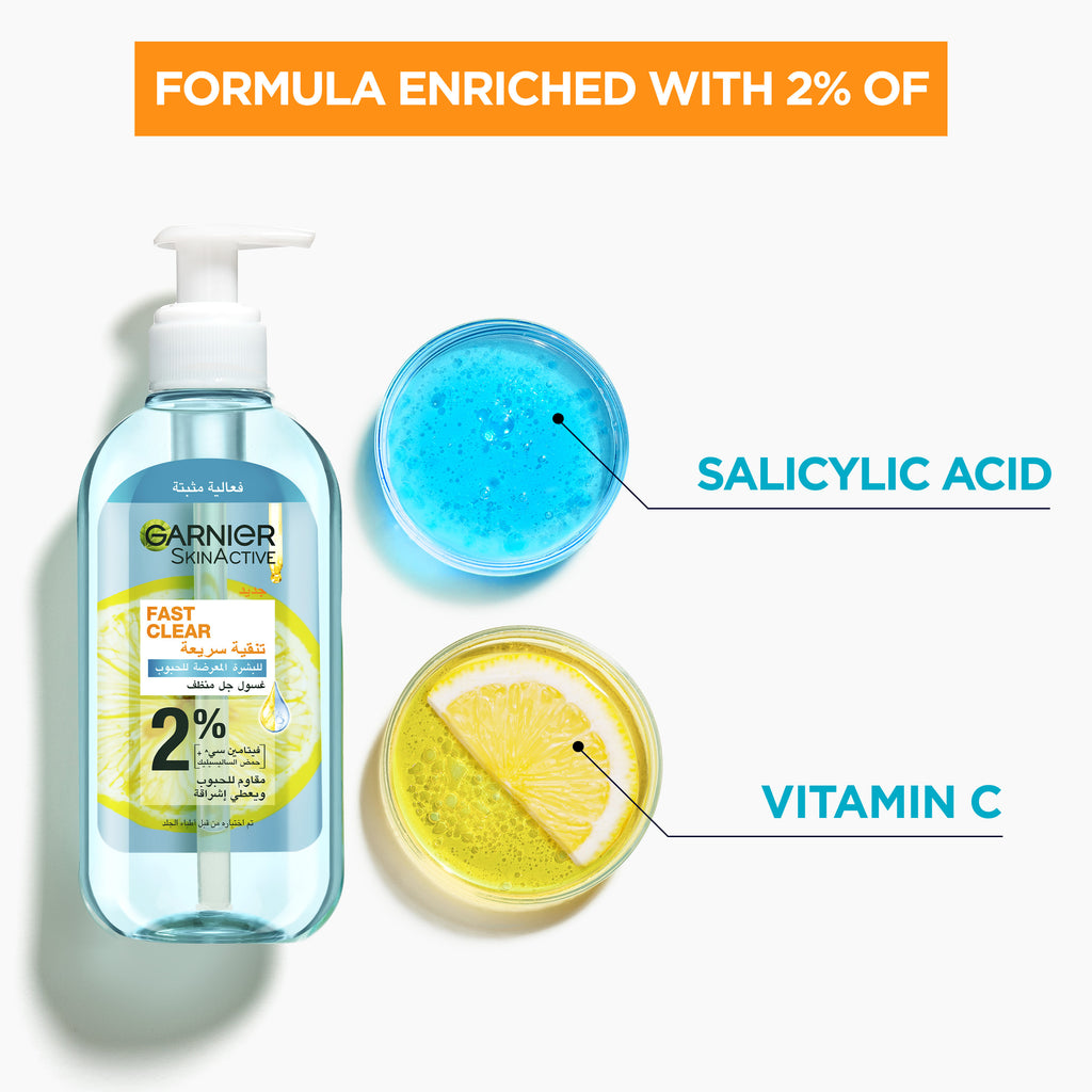 Garnier Fast Clear [2%] Salicylic Acid & Vitamin C - Anti-Acne Gel Wash 200ML - MyKady