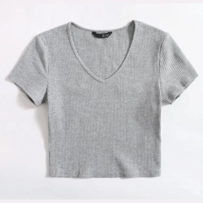 Grey V Neck Rib-knit Top - MyKady