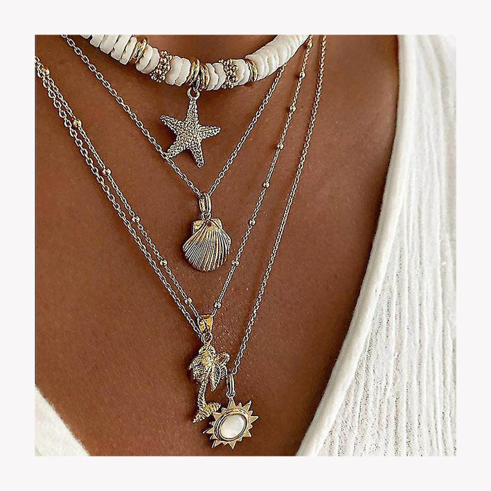 Summer Beach Starfish Shell Coconut Tree Pendant Necklace - MyKady
