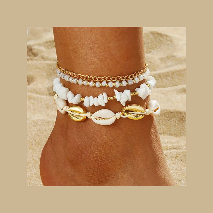 4pcs/Set White Small Pebble & Seashell Braided Anklet For Beach - MyKady