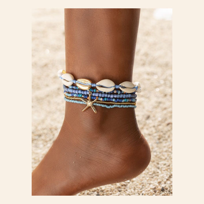 6pcs Bohemia Style Blue Glass Beads, Natural Shell & Alloy Starfish Pendants Anklets - MyKady
