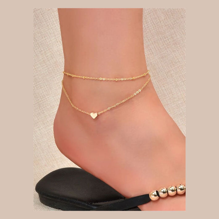 Heart Decor Layered Anklet Yellow Gold - MyKady