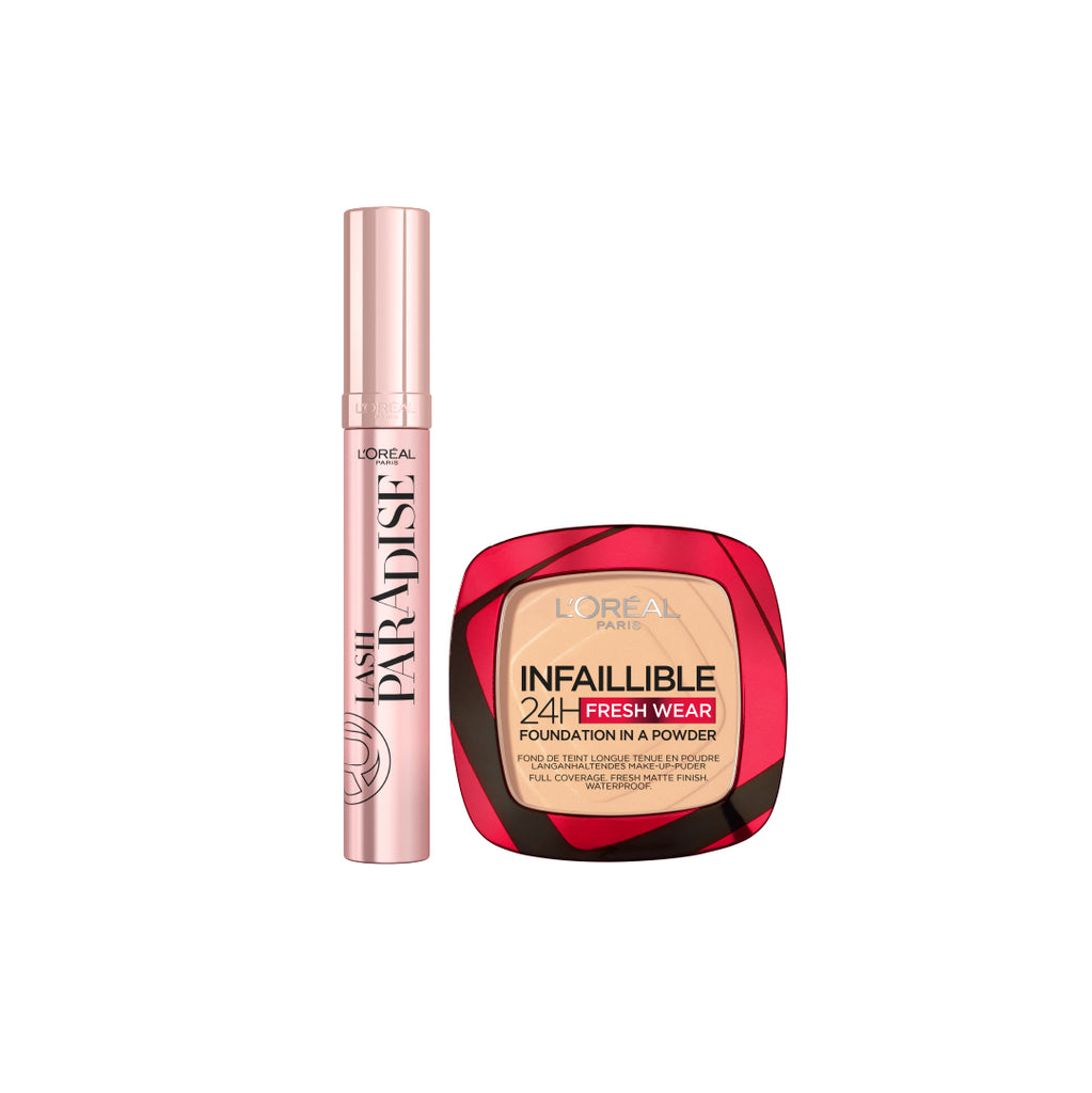 L'Oreal Paris Infallible Fresh Wear 24H Powder and Paradise Mascara Black bundle