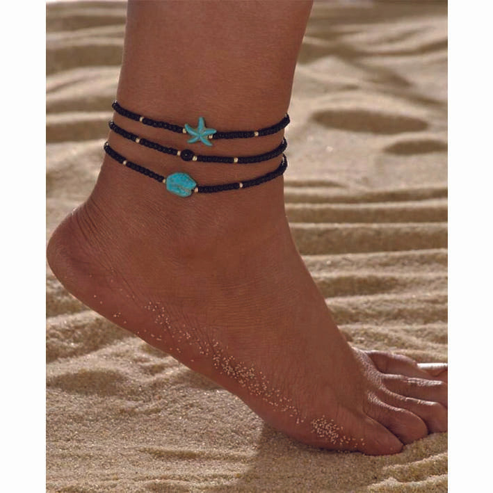 Turquoise & Starfish Beaded Anklet 3 pieces - MyKady