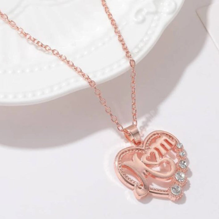 Mom Rhinestone Heart Charm Necklace - MyKady