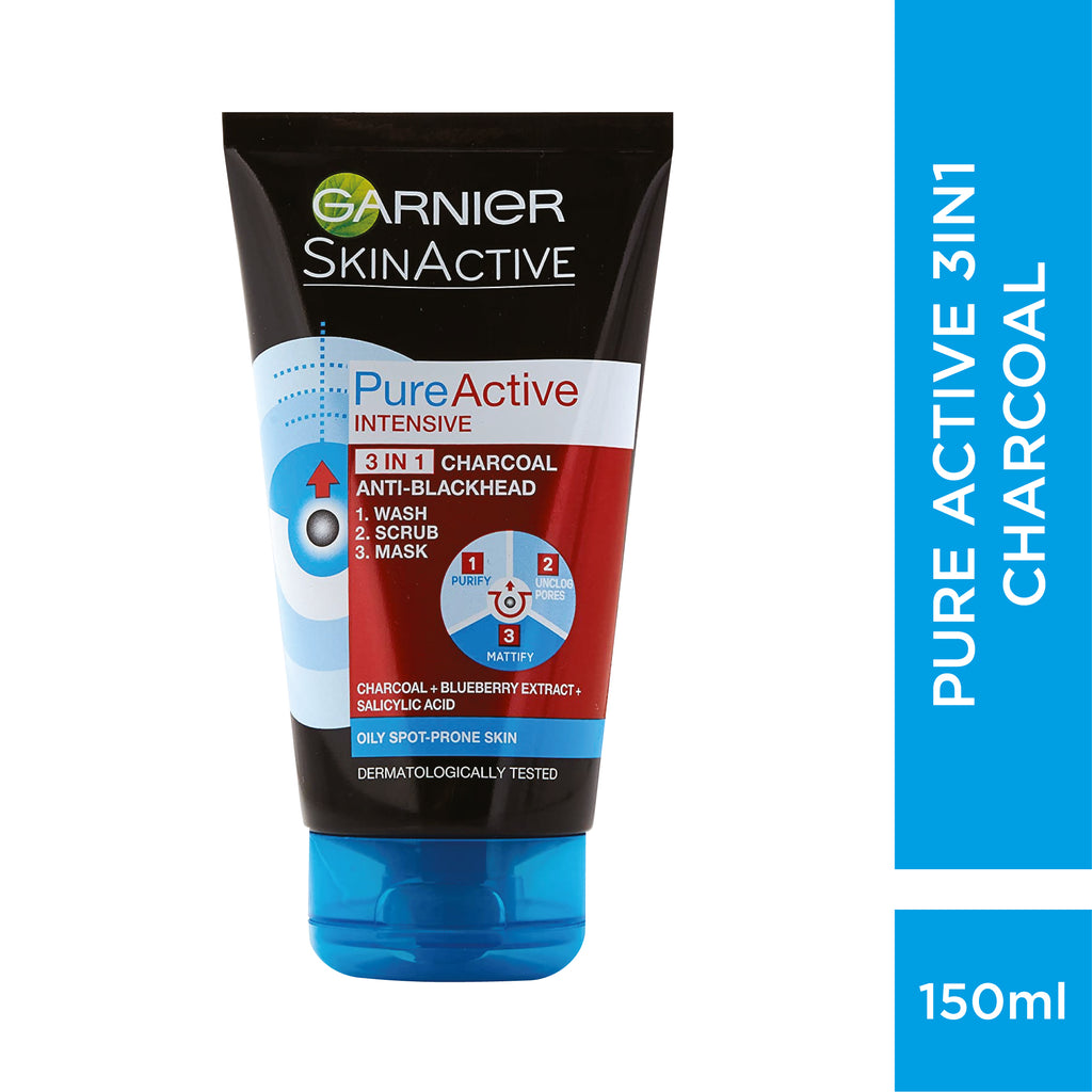 Garnier Pure Active Intensive 3 In 1 Charcoal Blackhead Mask Wash Scrub - MyKady