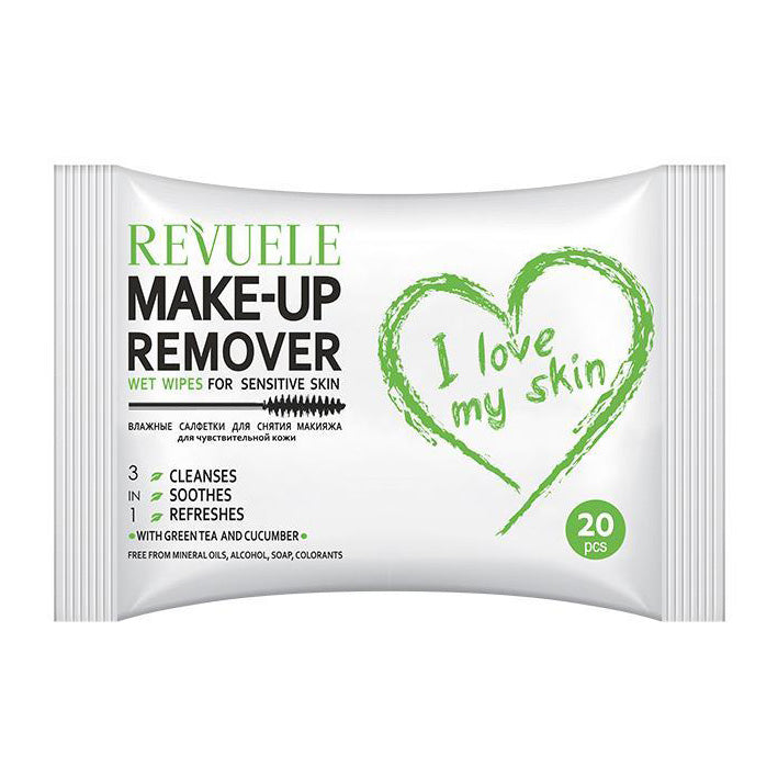 Revuele Wet Wipes Make-Up Remover I Love My Skin For Sensitive Skin With Green Tea And Cucumber -20 Pcs - MyKady